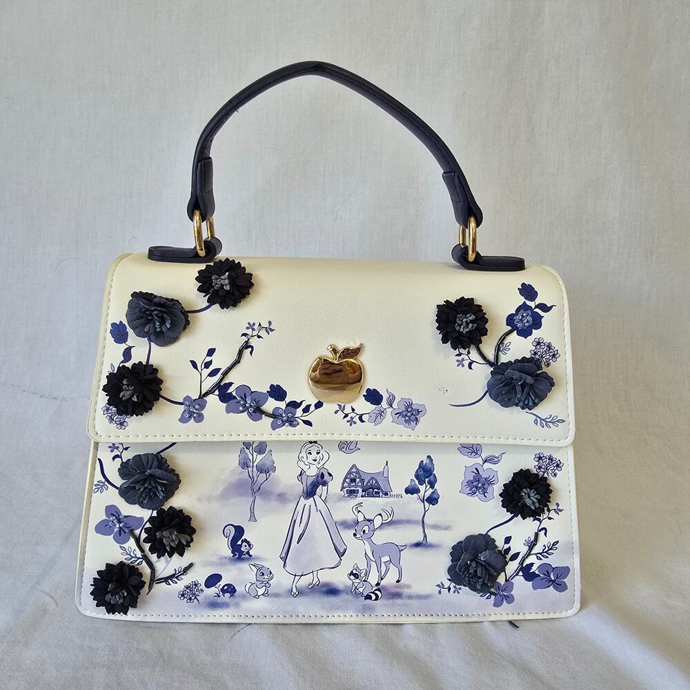 BoxLunch Disney Snow White Tonal Floral Handbag Cream & Blue Shades 3D Flowers
